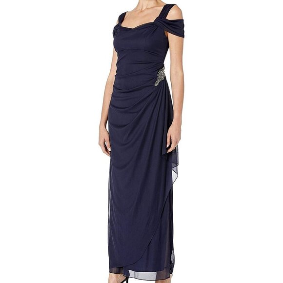 Alex Evenings Dresses & Skirts - Alex Evenings Navy Blue Cold Shoulder Ruffle Gown